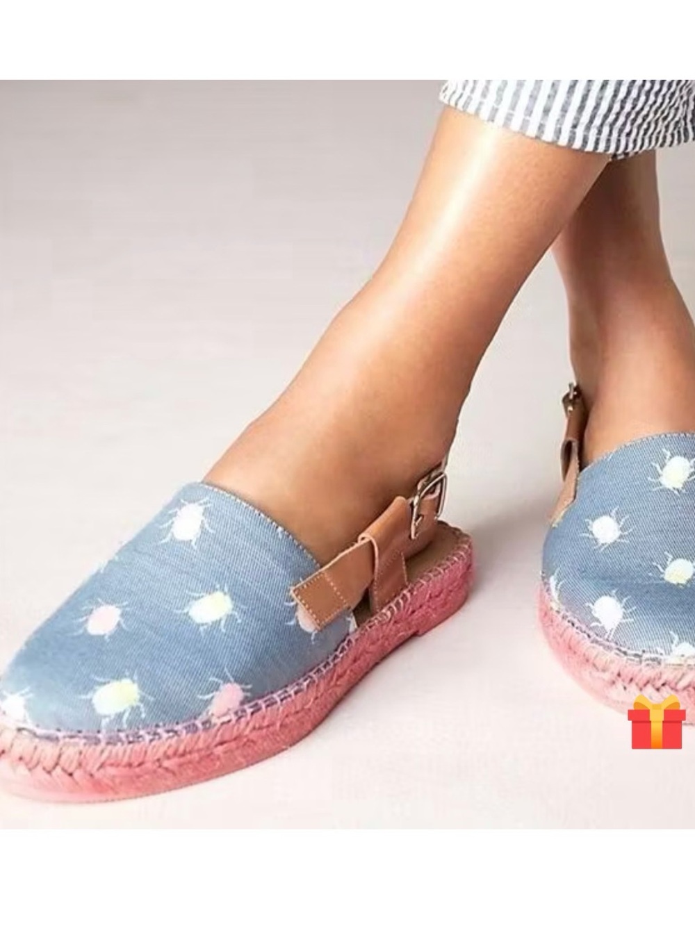 Anthropologie Blue Printed Fabric Round Toe Buckle Slingback Espadrille Flats